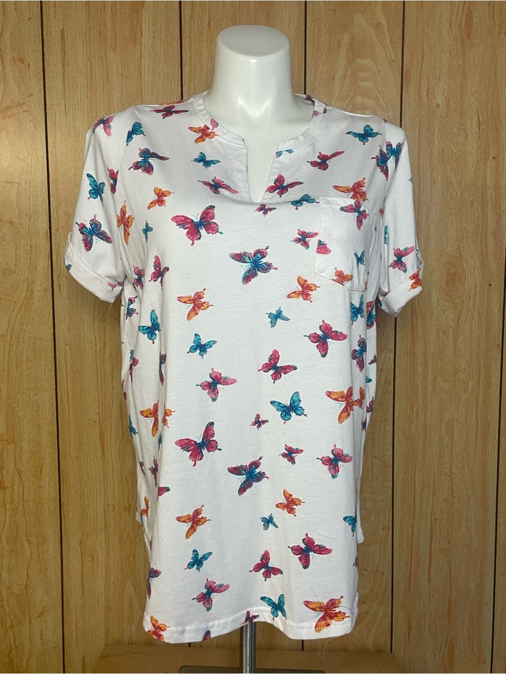 Woman Within White Short Sleeve Top with Multicolor Butterfly Print SZ - 18/20